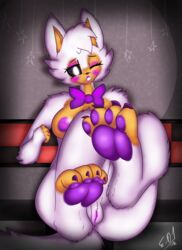 2017 4_toes 5_fingers absurd_res animatronic anthro anus areola barefoot big_breasts black_nose blush bow_tie breasts canine claws clitoris digital_media_(artwork) e-01 feet female five_nights_at_freddy's five_nights_at_freddy's_world foot_focus fox fur glowing glowing_eyes hair hi_res lolbit_(fnaf) looking_at_viewer machine mammal multicolored_fur nipples nude one_eye_closed orange_fur pawpads paws purple_nipples purple_paws purple_pussy pussy robot simple_background smile soles solo teeth toe_claws toes video_games white_fur wink