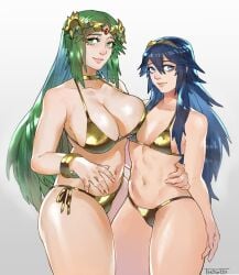 2girls bikini blue_eyes blue_hair collar different_breast_sizes female female/female female_only female_with_female fire_emblem fire_emblem_awakening goddess gold_bikini golden_bikini golden_week green_eyes green_hair hand_on_hip kid_icarus kid_icarus_uprising long_hair lucina_(fire_emblem) palutena thefarelo tiara