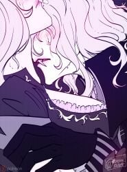 1boy 1girls age_difference alucard_(castlevania) beaa_art canon_couple castlevania castlevania:_symphony_of_the_night close-up clothed clothed_female clothed_male dhampir embrace female human interspecies large_breasts long_hair male male/female maria_renard sweatdrop teeth_showing