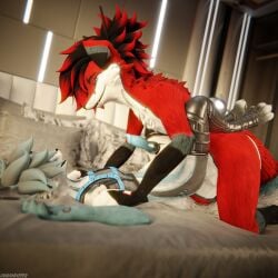 1:1 3d_(artwork) absurd_res animal_genitalia animal_penis anthro anthro_on_anthro anthro_penetrated anthro_penetrating anthro_penetrating_anthro balls bed bedroom biped black_body black_fur blender_(artwork) blender_cycles blue_body blue_fur bodily_fluids canid canine canine_genitalia canine_penis canis claws clothed clothing cum cum_drip cum_dripping_from_penis cum_inside cum_on_chest cum_on_penis depth_of_field digital_media_(artwork) dominant dragonplayer dripping duo erection feet fingers fox frogoman fur furniture genital_fluids genitals green_penis grey_body grey_fur hair harness hi_res hindpaw inside knot legs_around_partner legs_around_waist lying lying_on_bed male male/male male_penetrated male_penetrating male_penetrating_male mammal mr_nemrod multicolored_body nude on_bed open_mouth orgasm pawpads paws penetration penile penile_penetration penis red_body red_fur reflection rexouium sex slim slim_anthro slim_male slim_sub smile submissive submissive_male tail teeth toe_claws toes white_body white_fur