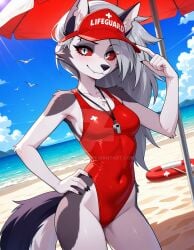1girls 2025 ai_generated anthro beach black_dot_eyes black_eyebrows blush canine deviantart elryusam eyebrows_visible_through_hair female finger_on_hat furry hand_on_hip hellhound helluva_boss lifeguard_hat lifeguard_swimsuit looking_at_viewer loona_(helluva_boss) meta mouth_closed not_porn pink_cheeks red_sclera smile smiling_at_viewer touching_hat vivziepop whistle_around_neck white_eyes white_hair_female youtube