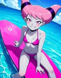 2025 ai_generated beach belly black_dot_eyes cartoon_network dc deviantart elryusam evil_grin evil_smile grinning_at_viewer jinx_(teen_titans) looking_at_viewer meta not_porn ocean pink_bikini pink_cheeks pink_eyebrows pink_eyes pink_hair_female pink_surfboard purple_collar purple_hairband purple_necklace purple_neckwear sitting_on_surfboard smile_at_viewer smiling_at_viewer teen_titans teeth_showing tummy wet_bikini wet_body wet_skin