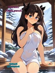 1girls ai_generated alexispencil fate/stay_night fate_(series) female nail_polish onsen painted_nails snow tagme tohsaka_rin towel