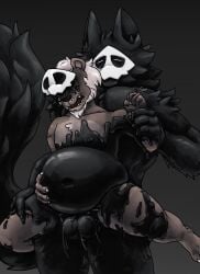 absurd_res anal anal_sex anthro ass balls belly big_belly black_body black_fur bodily_fluids canid canine changed_(video_game) cum cum_inside duo felid fur genital_fluids genitals goo_creature goo_transformation hand_on_belly hi_res inflation inflation latex leg_grab lion male male/male male_penetrated male_penetrating male_penetrating_male mammal mask nipples open_mouth pantherine penetration puro_(changed) sex simple_background size_difference slime soupspicyy tail takeover thick_thighs thigh_grab transformation