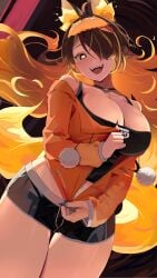 absurdres animal_ears black_choker black_shorts black_tank_top breasts bright_pupils brown_eyes brown_hair chisaku choker cleavage colored_inner_hair female grey_nails hair_over_one_eye heart heart-shaped_pupils highres indie_virtual_youtuber large_breasts logo long_hair multicolored_hair open_mouth orange_hair pom_pom_(clothes) short_shorts shorts sinder_(vtuber) sinder_(vtuber)_(pyro_pajamas) solo symbol-shaped_pupils tail tank_top teeth thigh_gap upper_teeth_only virtual_youtuber white_pupils wolf_ears wolf_girl wolf_tail zipper