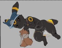 black_body black_eyes black_fur black_tail bodily_fluids clothing eeveelution female feral frown fur generation_2_pokemon genital_fluids genitals grey_background lying markings multicolored_body multicolored_fur navel nintendo on_side paws pokemon pokemon_(species) pussy quadruped red_sclera simple_background skeleton265 solo tail umbreon vaginal_fluids yellow_markings yellow_tail