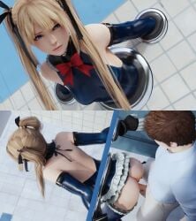 1boy 1girls 3d ass ass_shot bare_back blonde_hair blue_eyes captured dead_or_alive defeated frills gloves halterneck jerid_oiso leotard long_sleeves marie_rose penetration raped ribbon sex sex_from_behind stockings straight stuck stuck_in_wall twintails