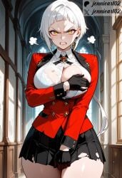 ai_generated angry bangs black_clothes black_gloves black_skirt blush bra breasts buttons cleavage clenched_teeth clothing collared_shirt covering covering_breasts covering_privates earrings female female female_only gloves honebami_miroslava indoors jacket jennieart02 jewelry kakegurui large_breasts legwear light_particles long_hair long_sleeves looking_at_viewer miniskirt miroslava_honebami open_clothes pantsu parted_lips patreon patreon_logo patreon_username pleated_skirt red_jacket school_uniform scowl shiny_skin shirt skirt solo standing sunlight sweat tassel teeth thick_thighs thighs torn_clothes torn_shirt torn_skirt twitter twitter_username underwear uniform v-shaped_eyebrows watermark white_bra white_hair white_shirt window yellow_eyes