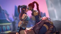 1boy 2girls 3d animated artist_name bisexual bisexual_(female) bouncing_breasts breasts cassie_(paladins) cleavage cowgirl_position crossover cunnilingus cunnilingus_through_clothes elf facesitting female hanzo kissing kissing_while_penetrated male no_sound overwatch paladins reverse_spitroast sex source_filmmaker threesome tinder_cassie video wanksy ying_(paladins) yuri