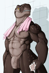 abs anthro balls biceps big_muscles brown_scales dinosaur fangs flaccid grey_scales humanoid_penis male male_only muscular muscular_male navel nipples nude obliques pecs penis reptile saruuk scales scalie shower smile soap solo standing teeth theropod towel triceps tyrannosaurus_rex uncut vein veiny_penis yellow_eyes