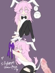 bunny_costume censored_penis cum_string pink_hair puppygirl purple_bow ripped_pantyhose sillypuppy69 tied_up