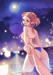 1boy 1girls ass bikini blonde_hair blue_bikini braid cloud cloudy_sky commentary commission crown_braid cute flower from_behind hair_flower hair_ornament hairclip holding_hands looking_at_viewer night nintendo pointy_ears pov princess_zelda sky star_(sky) starry_sky sumustard swimsuit the_legend_of_zelda the_legend_of_zelda:_tears_of_the_kingdom wading water