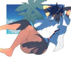 1girls arms_behind_head big_breasts clothing dark-skinned_female female_only original original_character palm_tree sammy_(smo) shaded_face sharp_teeth shirt sitting smile solo sweat swimwear thick_thighs