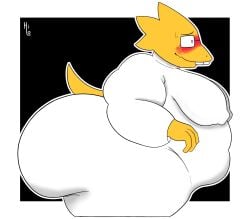 2025 alphys anthro artist_name ass big_breasts big_butt black_background black_eyes black_eyewear black_glasses blush bodily_fluids breasts clothed clothing coat digital_media_(artwork) eyewear female freckled_face freckles glasses hi_res huge_butt itsme_hilo lab_coat lizard nervous nipple_outline obese obese_anthro obese_female overweight overweight_anthro overweight_female reptile scales scalie side_view simple_background solo standing sweat tail teeth text thick_thighs topwear undertale undertale_(series) white_clothing white_coat white_lab_coat white_topwear yellow_body yellow_nose yellow_scales yellow_tail