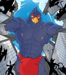 anthro avian big_bulge bird blue_body blue_feathers bulge city clothing cloud destruction detailed_bulge falco_lombardi feathers fish_eye_view genital_outline green_eyes happyending hi_res looming low-angle_view macro male muscular muscular_male nintendo nipples non-mammal_nipples silhouette speedo star_fox swimwear