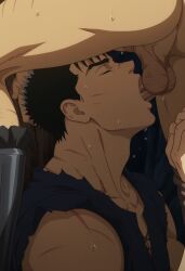 1boy abs ai_generated ass balls bara bara_butt bara_tiddies bara_tits barazoku bed berserk black_hair blowjob close_up closed_eyes deepthroat fellatio focus gay gay_blowjob gay_sex guts_(berserk) human irrumatio juicy_bara large_ass large_pectorals large_thighs male male_focus manly masculine masculine_male masturbation muscular muscular_male navel nipples nude on_back on_bed one_eye_closed pectorals penis pillow scar short_hair solo stomach sucking_penis sweat thick_eyebrows thick_thighs thighs uncensored