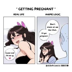 2koma artist_self-insert asking_for_creampie asking_for_it blush breasts brown_hair comic comparison confusion embarrassed english_text glasses hairbow implied_sex large_breasts long_hair looking_at_viewer looking_back ok_bah_comics sex_from_behind tsundere