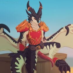 2025 animal_genitalia anklet anthro armor belt big_penis blizzard_entertainment blue_sky bodily_fluids bottomless breastplate cheek_spikes claws clothed clothing day detailed_background dewclaw digitigrade dinkysaurus dracthyr dragon erection european_mythology facial_spikes front_view genital_fluids genital_slit genitals hi_res horn horn_jewelry horn_ring jewelry long_penis male male_anthro membrane_(anatomy) membranous_wings mythological_creature mythological_scalie mythology outside pauldron penis portrait precum presenting presenting_penis pupils raised_leg red_eyes redshift_(dinkysaurus) ring_(jewelry) scalie sitting sky slit_pupils smile smirk solo spikes spikes_(anatomy) spread_legs spreading tapering_penis utility_belt warcraft western_dragon wing_claws wings
