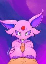 anthro areola big_breasts black_nose bodily_fluids breast_play breasts duo eeveelution espeon female first_person_view forehead_gem fur gem generation_2_pokemon genital_fluids genitals hi_res human looking_at_viewer male male/female mammal msgoopyxxx navel nintendo nipples nude open_mouth penis pink_body pink_fur pokemon pokemon_(species) precum purple_areola purple_background purple_nipples purple_sclera sex simple_background tan_body tan_skin titjob tongue tongue_out white_eyes