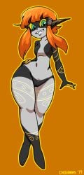 black_body bottom_heavy breasts cephalopod dabloons featureless_breasts featureless_feet feet female front_view genitals green_eyes grey_body hair hi_res humanoid humanoid_pointy_ears hybrid imp inkling looking_at_viewer marine markings mollusk nintendo nude orange_background orange_hair pointy_ears pussy simple_background small_breasts smile solo splatoon the_legend_of_zelda thick_thighs twili wide_hips yellow_markings yellow_sclera