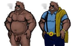 1boy artist_request bear belly chariot clothing eyewear flaccid furry glasses hand_on_hip indigo_(chariot) male male_only mammal multiple_versions musclechub musclegut muscular original_character overweight pants penis shirt smile smoking solo testicles