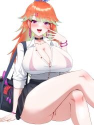 1girls bag big_breasts blush bra bracelet breasts cleavage collar dadangge female hololive hololive_english hololive_myth looking_at_viewer orange_hair purple_eyes pussy shirt skirt solo takanashi_kiara thicc thick_thighs thighs virtual_youtuber visible_underwear