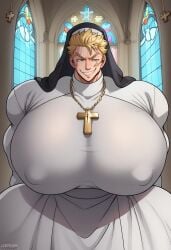 1boy ai ai_generated argentas8 big_breasts blonde_hair busty busty_boy cross_(symbol) fairy_tail hotcha_(style) huge_breasts laxus_dreyar male male_only male_with_breasts nipple_bulge nipples_visible_through_clothing nun's_habit nun_habit nun_hat nun_outfit remert_(style) smiling solo solo_male