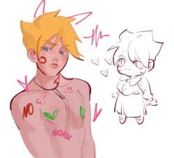 1boy blonde_hair blue_eyes body_writing bodypaint boruto:_naruto_next_generations chibi crossdressing cute dress facial_markings gay hi_res high_resolution highres jewelry light-skinned_male light_skin lips male male_focus male_only naruto naruto_(series) necklace nipples pale-skinned_male pale_skin pukpuk_sb shonen_jump shounen_jump shueisha solo solo_focus solo_male teen teen_boy teenage_boy teenager topless topless_male twink uzumaki_boruto very_high_resolution weekly_shonen_jump weekly_shounen_jump whisker_markings whiskers white_background yaoi yellow_hair