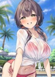 bikini bikini_under_clothes blush breasts brown_hair cleavage collarbone commentary_request dripping female green_eyes grin hair_between_eyes hair_ornament hair_scrunchie halterneck large_breasts looking_at_viewer low_twintails navel no_pants original outdoors pool red_bikini scrunchie see-through_clothes see-through_shirt sena_chifuyu shirt side-tie_bikini_bottom smile solo string_bikini swimsuit t-shirt tied_shirt twintails upper_body wet wet_clothes wet_shirt
