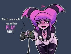 1girls black_shirt black_thighhighs blush breasts cleavage concaerus dc dc_comics english english_text female female_only game_controller hair heart heart holding_controller holding_object jinx_(dc) legwear looking_at_viewer neckwear open_mouth pink_eyes pink_hair presenting_breasts ripped_thighhighs shirt smile solo solo_female text thighhighs thighs topwear twin_drills video_game_controller