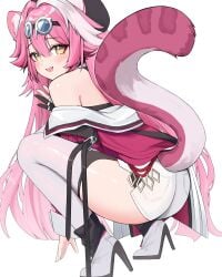 animal_ears arm_belt ass back bare_shoulders belt beret bilingual_commentary black_belt black_gloves black_hat blush coat commentary daemo72 english_commentary eyeshadow fangs female from_behind gloves goggles goggles_on_head hair_intakes hat high_heels highres hololive hololive_english jewelry long_hair looking_at_viewer makeup mixed-language_commentary multicolored_hair open_mouth panther_ears panther_girl panther_tail pink_coat pink_eyeshadow pink_hair raora_panthera raora_panthera_(1st_costume) ring shirt shoes simple_background single_glove smile solo squatting streaked_hair tail teeth thighhighs thighs twitter_username two-tone_hair upper_teeth_only virtual_youtuber white_background white_hair white_shirt white_shoes white_thighhighs yellow_eyes youtube