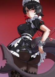 1girl absurdres angry ass ass_focus big_ass big_butt black_hair black_pantyhose blush breasts clarkekitsp clothes_lift colored_inner_hair commentary ellen_joe embarrassed_female fins fish_tail from_behind hair_ornament hairband highres large_breasts large_tail looking_at_viewer maid maid_headdress metal_hairband mole mole_on_arm mole_under_eye multicolored_hair pantyhose razor_blade_hair_ornament red_background red_eyes red_hair shark_girl shark_tail short_hair simple_background skirt skirt_lift solo spiked_headband tail thick_thighs two-tone_hair untranslatable_commentary upper_body upskirt zenless_zone_zero