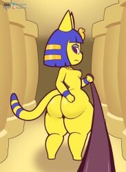 2025 animal_crossing ankha ankha_(animal_crossing) ass big_butt blue_hair breasts clothing egyptian egyptian_clothing egyptian_headdress felid feline female first_person_view fours_(artist) fourssss hair hi_res leash leash_pull leashed_pov looking_at_viewer looking_back mammal nintendo signature tail thick_thighs wide_hipped_female wide_hips yellow_body