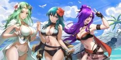 ) 3girls alluring bare_shoulders beach big_breasts bikini bikini_boody black_bikini black_cape black_choker blue_eyes byleth_(fire_emblem) byleth_(fire_emblem)_(female) byleth_(summer)_(fire_emblem)_(female) cape choker cleavage closed_mouth fire_emblem fire_emblem:_three_houses fire_emblem_heroes fire_emblem_warriors:_three_hopes flower green_eyes green_hair hair_flower hair_ornament hair_over_one_eye hibiscus high_res intelligent_systems long_hair looking_at_viewer multiple_girls navel nintendo official_alternate_costume open_mouth purple_eyes purple_hair red_flower rhea_(fire_emblem) rhea_(summer)_(fire_emblem) shez_(female)_(summer)_(fire_emblem) shez_(fire_emblem) shez_(fire_emblem)_(female) smile stomach surfboard swimsuit teal_hair white_bikini white_flower