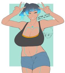 1girls alternate_breast_size big_breasts blue_eyes blue_hair breasts clothed dark-skinned_female female huge_breasts peace_sign sena_(xenoblade) shorts smile smoxul tank_top text xenoblade_(series) xenoblade_chronicles_3