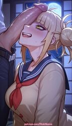 1boy 1girl 2026 ai_generated artist_name belt blunt_bangs blush cock dick double_bun erection hetero hi_res high_quality highres himiko_toga indoors large_penis moon mosaic_censoring my_hero_academia night pants patreon patreon_username penis penis_awe penis_on_face pinkname precum sailor_collar school_uniform uncensored veins veiny_penis watermark window