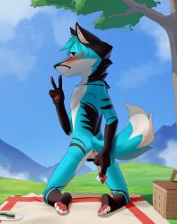 absurd_res animal_genitalia animal_pussy anthro anus canid canine canine_genitalia canine_pussy condom cuntboy food fox genitals hi_res imminent_sex intersex mammal nintendo pawpads paws picnic pokemon pussy rear_view rex_(fireskulls12) sexual_barrier_device solo steel_cat