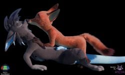 3_toes 3d_(artwork) 4_fingers absurd_res anthro barbel_(anatomy) big_ears black_background black_nose blender_(artwork) blue_penis blue_tail canid canine claws closed_eyes countershading cream_underbelly digital_media_(artwork) disney dragon duo english_text erection feet fingers fluffy fluffy_tail flye fox fur genitals gloves_(marking) hair hand_on_chest hi_res hybrid kangaroo kiss_on_lips kissing knot lying macropod male male/male mammal markings marsupial mythological_creature mythological_scalie mythology neonwabbit nick_wilde nude on_model orange_body orange_fur pawpads penis purple_body purple_fur red_fox rockyrcoon scales scalie simple_background smile spiky_hair tail teeth text toes true_fox watermark zootopia