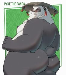 1boy animal_ears artist_name ass bara bare_pectorals bell belly biceps black_fur closed_mouth completely_nude english_commentary english_text fat from_behind furry furry_male highres jingle_bell looking_at_viewer looking_back male_focus multicolored_fur nipples nude pan_yinhu panda_boy panda_ears panda_tail pectorals plump pyke_the_panda round_eyewear smile white_fur wok zenless_zone_zero