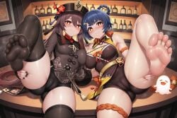 1girls 2girls 5_toes ai_generated alternate_body_type alternate_breast_size ass ass_focus assertive_female blue_hair breasts brown_hair camellc cameltoe feet female female_focus female_only foot_fetish foot_focus genshin_impact hat hu_tao_(genshin_impact) large_ass large_breasts legs legs_up legwear lips red_eyes shoes shoes_removed sole_female soles spread_legs stirrup_legwear thick_thighs thighhighs thighs toes twin_braids wide_hips xiangling_(genshin_impact) yellow_eyes