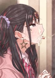 1boy after_fellatio ahe_gao bow bowtie brown_hair cardigan collared_shirt cum cum_in_mouth cum_on_body cum_on_hair cum_on_tongue cum_string erere facial female green_eyes idolmaster idolmaster_shiny_colors kazano_hiori long_hair looking_to_the_side male multicolored_hair red_hair shirt solo tongue tongue_out twintails white_shirt