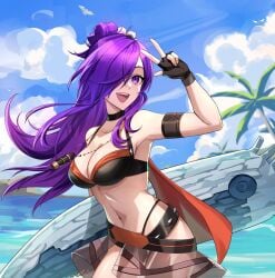 1girls alluring bare_shoulders bikini bikini_boody black_bikini black_choker choker cleavage commentary english_commentary female_shez_(fire_emblem) female_shez_(summer)_(fire_emblem) fire_emblem fire_emblem:_three_houses fire_emblem_heroes fire_emblem_warriors:_three_hopes flower hair_flower hair_ornament hair_over_one_eye highres intelligent_systems large_breasts long_hair looking_at_viewer navel nintendo official_alternate_costume purple_eyes purple_hair shez_(female)_(summer)_(fire_emblem) shez_(fire_emblem) shez_(fire_emblem)_(female) smile solo stomach surfboard swimsuit white_flower