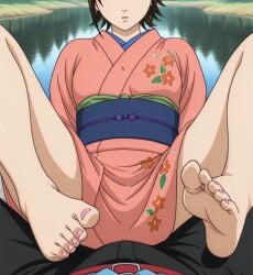 1boy 1girls 2d ai_generated anime anime_style feet feet_focus female foot_fetish foot_focus gintama gintama:_be_forever_yorozuya japan japanese japanese_clothes japanese_clothing japanese_female kimono lake legs male male_pov nails nails_painted no_eyes pov quietns shimura_tae small_breasts toes yukata