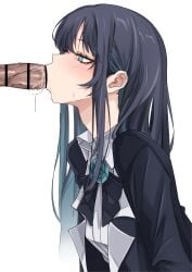 1boy absurdres ado_(utaite) bar_censor black_bow black_hair blue_eyes blue_hair blush bow censored chando_(ado) collared_shirt colored_inner_hair commentary_request cum ekibyoudayo fellatio female highres long_hair looking_at_viewer male multicolored_hair oral paid_reward_available penis saliva shirt sidelocks simple_background solo straight sweatdrop utaite variant_set white_background white_shirt
