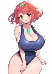 alluring alternate_costume big_breasts blue_one-piece_bikini blush bob_cut breasts chest_jewel cleavage closed_mouth competition_school_swimsuit core_crystal_(xenoblade) covered_navel earrings female gem gonzarez headpiece heroine high_res jewelry looking_at_viewer navel new_school_swimsuit nintendo one-piece_bikini pyra red_eyes red_hair school_swimsuit short_hair smile swept_bangs swimsuit thighs tiara xenoblade_(series) xenoblade_chronicles_2