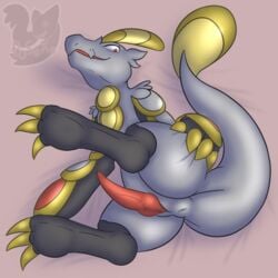 1boy 3_toes 4_fingers animal_genitalia anthro anthrofied anus ass ass_grab bed biped black_skin claws dragon erection fangs feet genital_slit grey_skin hakamo-o hand_on_ass hi_res lizard looking_at_viewer looking_back lying male male_only nintendo nude on_bed on_side penis perineum pokémon_(species) pokemon pokemon_sm posexe presenting presenting_hindquarters puffy_anus rear_view red_eyes reptile scalie simple_background slit smile solo spread_ass spreading tapering_penis teeth text toe_claws toes video_games watermark