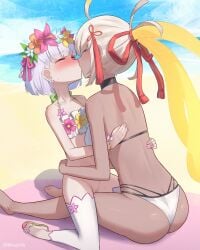 2girls absurdres ahoge ass bikini blush bottomless breasts butt_crack closed_eyes commission commissioner_upload dark-skinned_female dark_skin earrings fate/grand_order fate_(series) flat_chest flower flower_bikini glowing glowing_hair hair_flower hair_ornament height_difference highres hug jewelry kama_(fate) kama_(swimsuit_avenger)_(fate) kama_(swimsuit_avenger)_(first_ascension)_(fate) kissing linhcoris long_hair medium_breasts multi-strapped_bikini_top multiple_girls okita_souji_(fate) okita_souji_alter_(swimsuit_saber)_(fate) okita_souji_alter_(swimsuit_saber)_(third_ascension)_(fate) pink_nails ponytail pussy pussy_juice sandals short_hair sitting sitting_on_lap sitting_on_person straddling sweat swimsuit tassel tassel_hair_ornament thigh_straddling thighhighs very_long_hair white_bikini white_hair white_thighhighs yuri