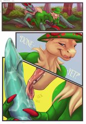 2015 anthro areola balls black_scales blue_eyes breasts breloom bush_(disambiguation) chest_tuft claws comic female flora_fauna goldenemotions grass green_penis green_scales licking licking_lips looking_back lying male membranous_wings nintendo nipples noivern on_back open_mouth oral outside penis penis_lick plant pokémon_(species) pokemon pokemon_(species) red_eyes red_scales scales sex shiny_pokemon smile straight tapering_penis teeth text toe_claws tongue tongue_out tree tuft video_games wings yellow_eyes