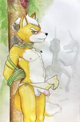 anthro balls blush bodily_fluids bottomwear bound canid canine clothing foreskin fox fox_mccloud fur genital_fluids genitals hi_res loincloth male mammal nintendo nipples orange_body orange_fur painting_(artwork) penis pole precum solo star_fox tied_to_pole traditional_media_(artwork) traditional_painting_(artwork) traditional_watercolor_(artwork) ulala_ko watercolor_(artwork)