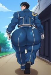 1boy ai ai_generated argentas8 big_ass big_ass_(male) big_butt black_hair blackwhiplash_(style) blush blushing_male fullmetal_alchemist hotcha_(style) huge_ass huge_butt huge_buttt male male_only roy_mustang solo solo_male uniform walking wide_hips
